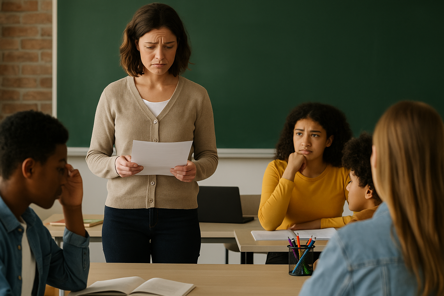 Teacher reflecting in classroom with students