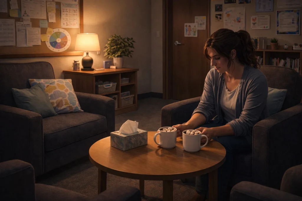 The teacher waiting in a comforting counselling room 