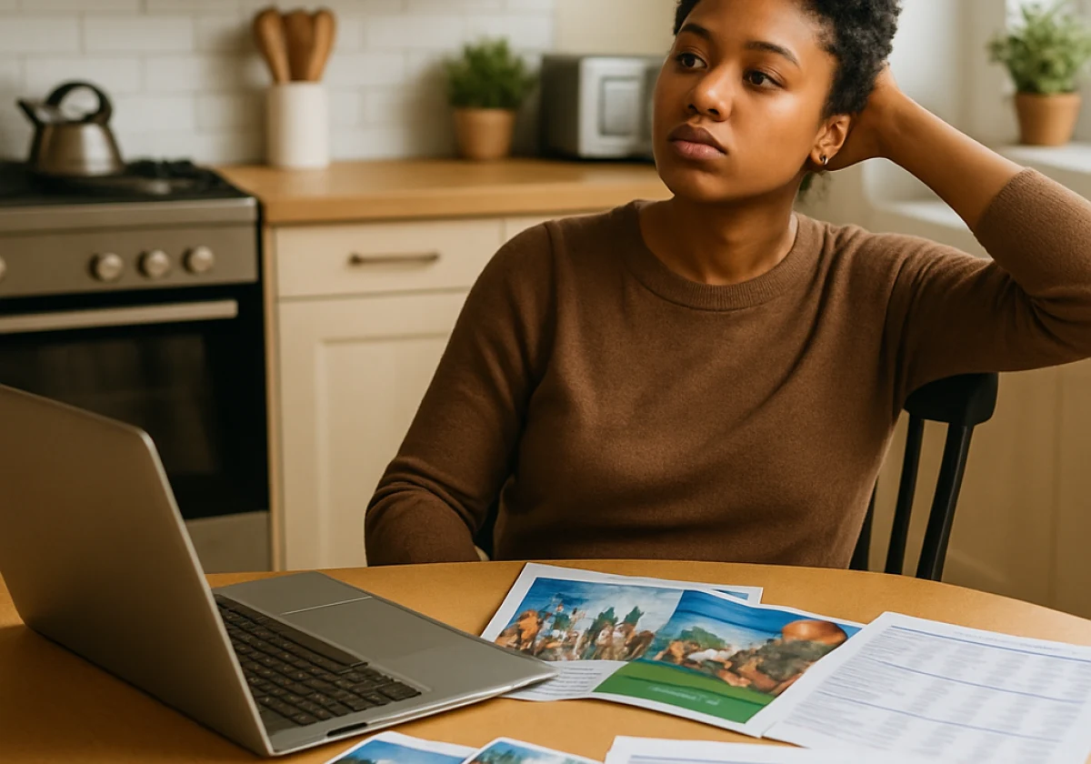 Person at a kitchen table with a laptop and spread