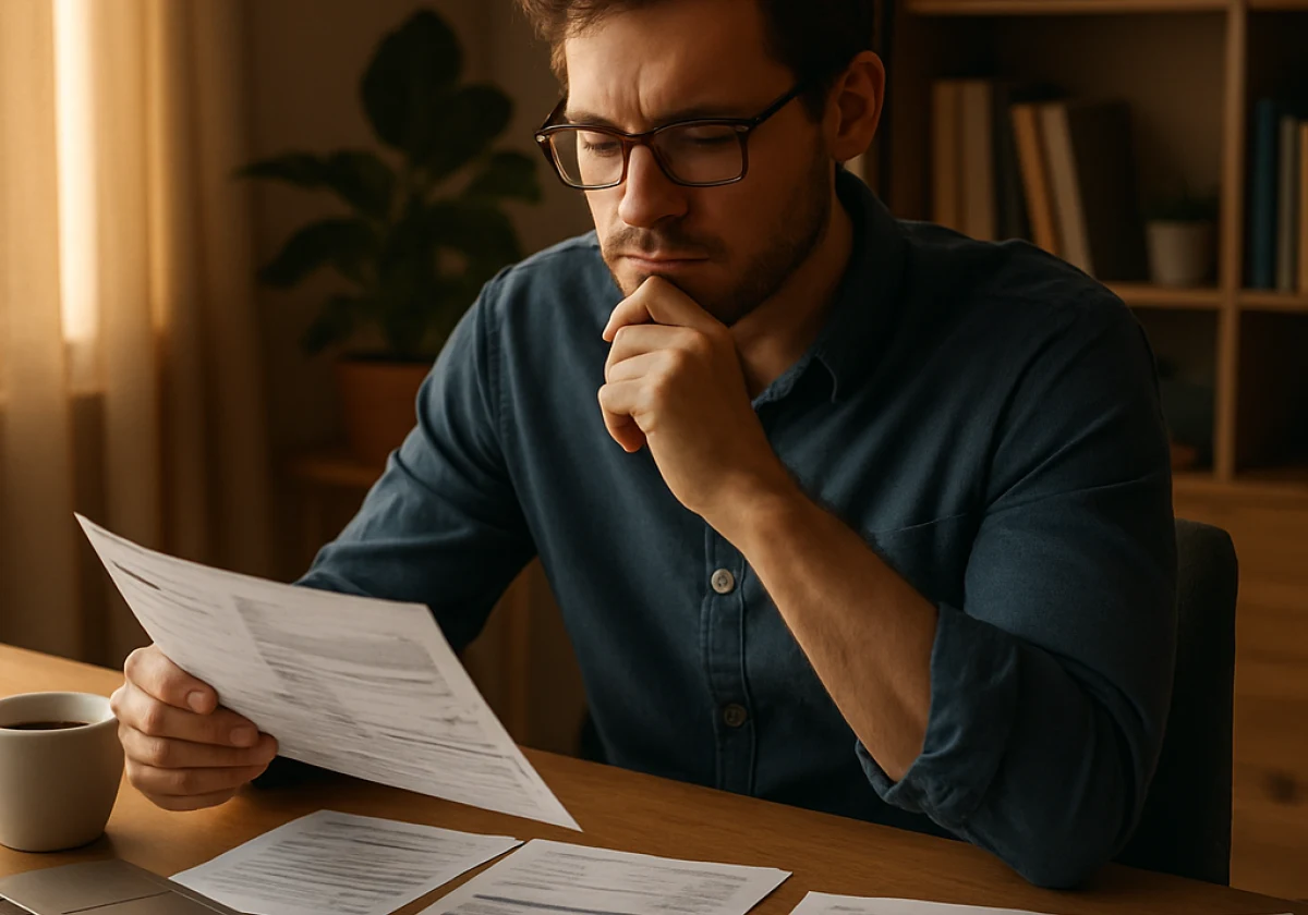 Professional sitting at a wooden home desk in late afternoon light