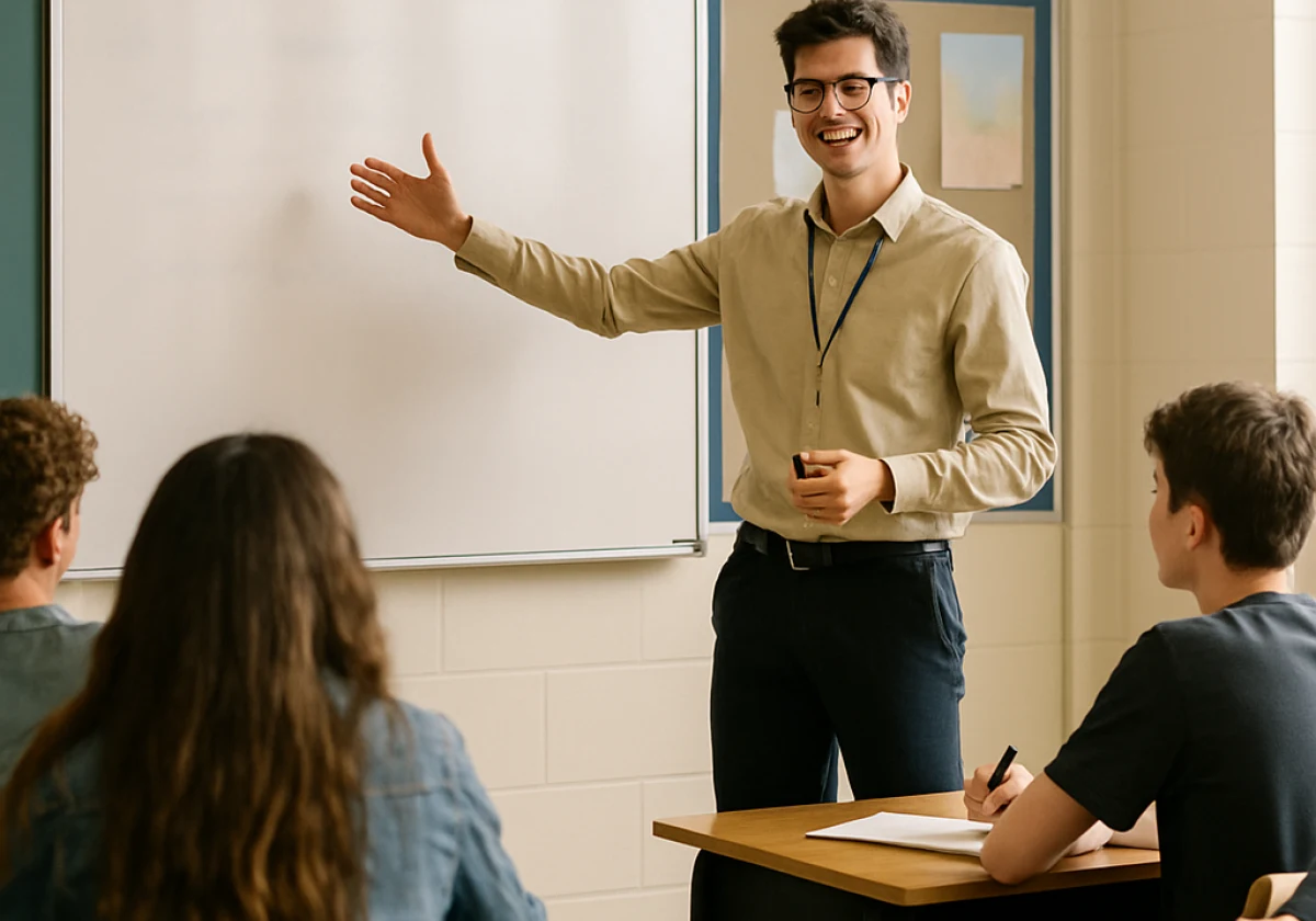Trainee teacher standing at the front of a secondary school classroom