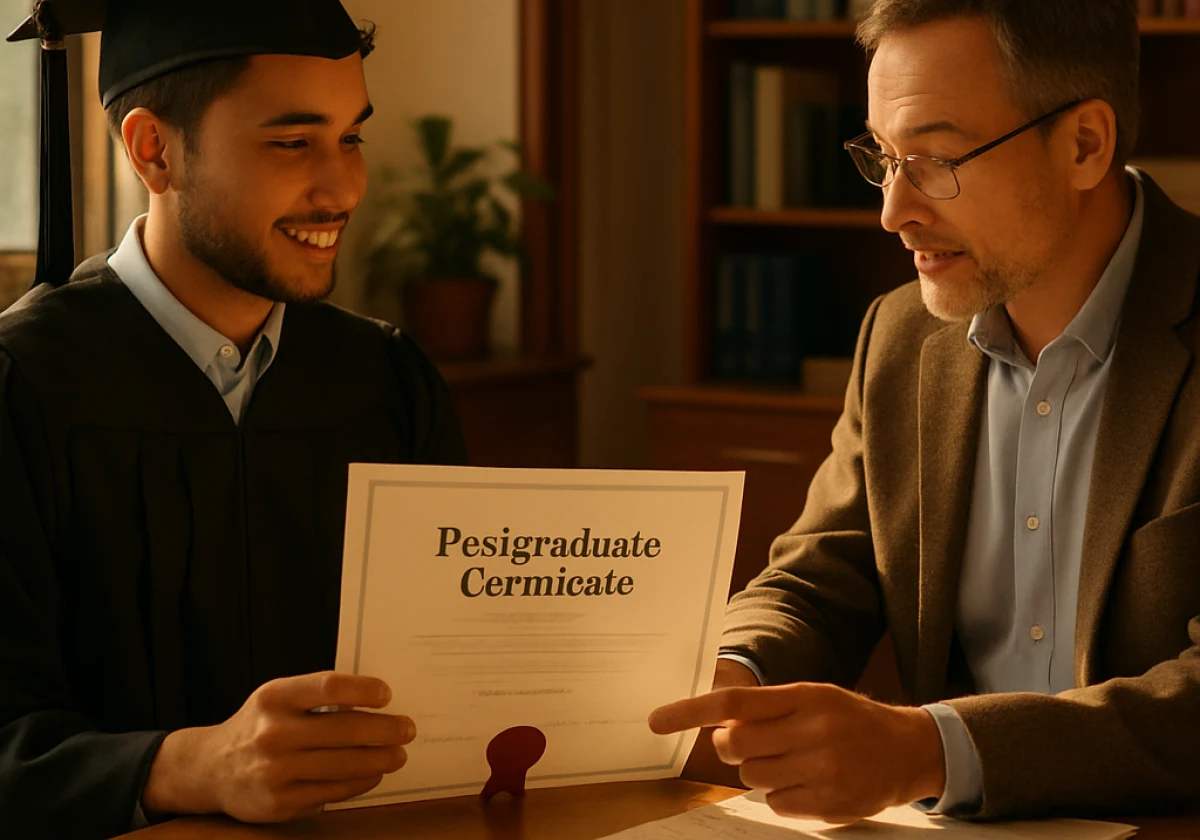 Young graduate in a university office holding their postgraduate