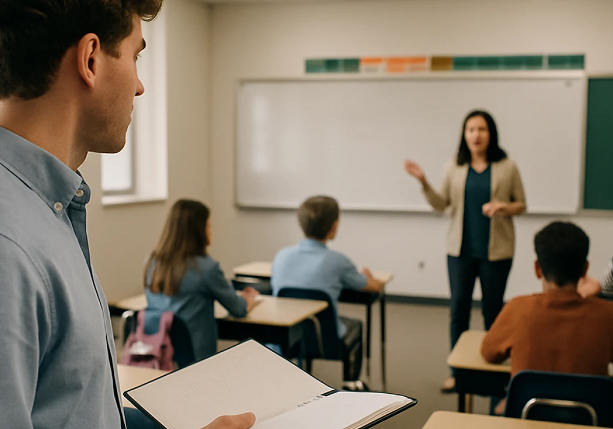 Young teaching trainee standing at the back of a school classroom